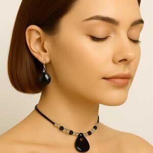 Modern Silver Hoop Pendant Necklace & Earrings Set – Black Cord Layered - Women